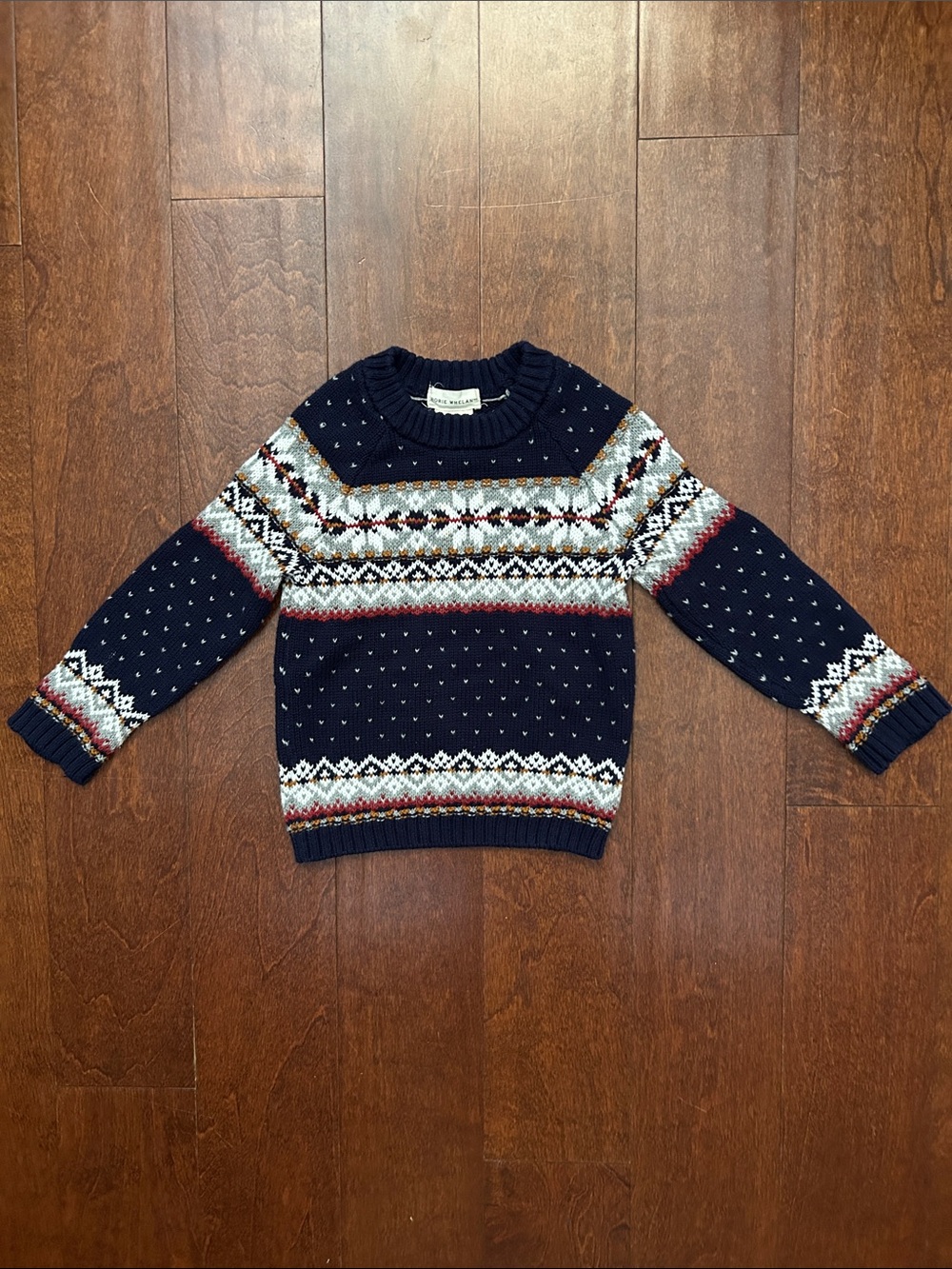 Rorie Whelan Navy Fair Isle Crewneck Sweater with Multicolor Accents, Size 4T